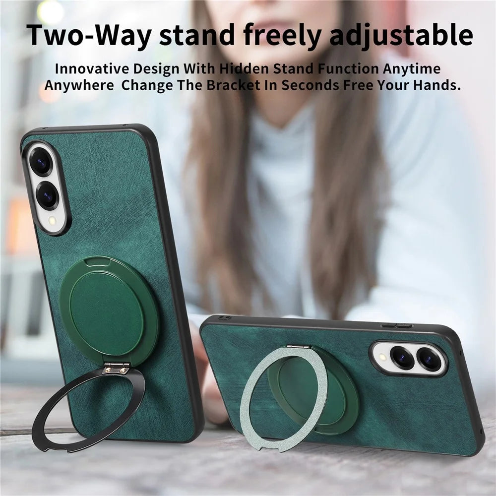 For Samsung Galaxy S25 Edge Phone Case with Rotating Kickstand Stress Relief Retro Leather Back Cover - Green - 6