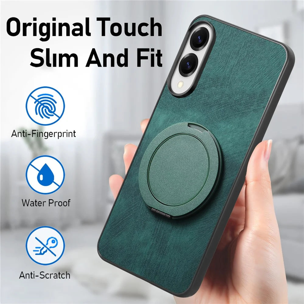 For Samsung Galaxy S25 Edge Phone Case with Rotating Kickstand Stress Relief Retro Leather Back Cover - Green - 7
