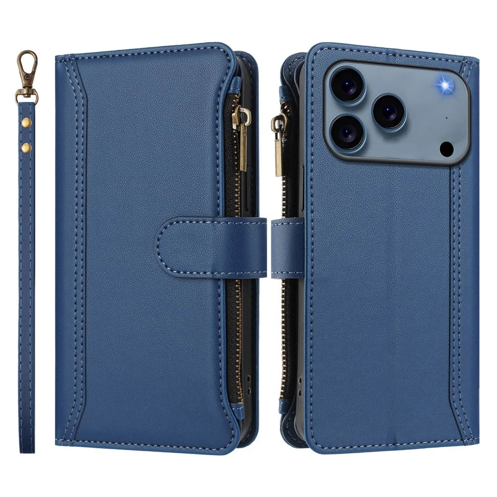 For iPhone 18 Pro Max / 17 Pro Max Leather Case 9 Card Slots Zipper Wallet Stand Phone Cover with Wrist Strap - Dark Blue - 3