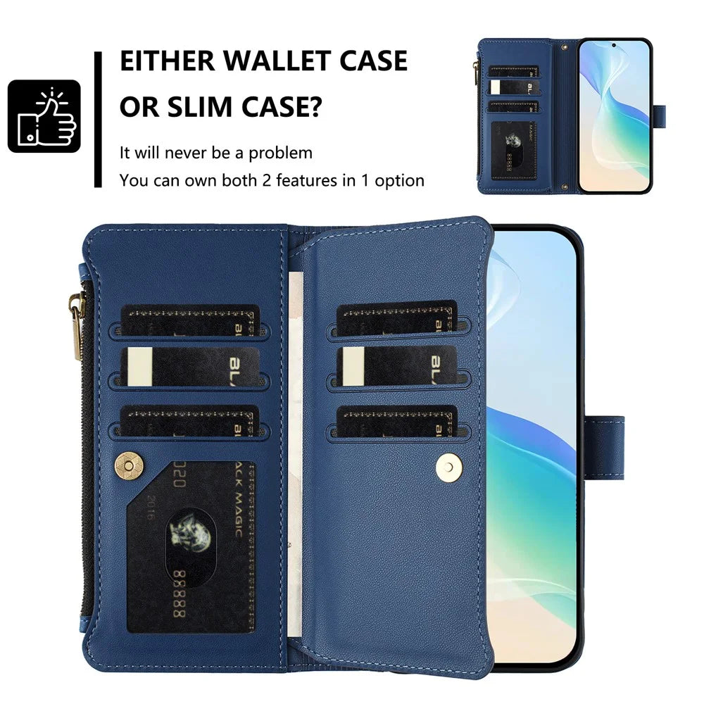 For iPhone 18 Pro Max / 17 Pro Max Leather Case 9 Card Slots Zipper Wallet Stand Phone Cover with Wrist Strap - Dark Blue - 7