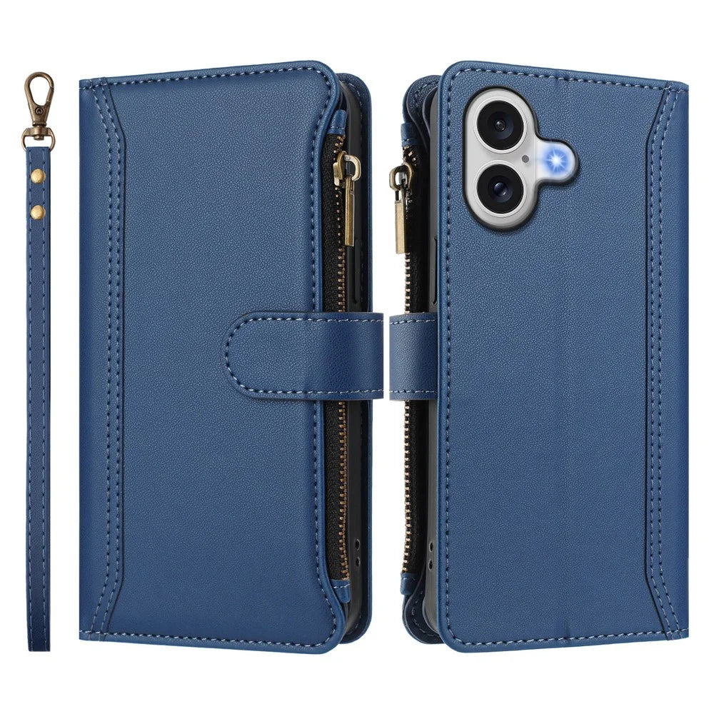 For iPhone 17 Leather Case 9 Card Slots Zipper Wallet Stand Phone Cover with Wrist Strap - Dark Blue - 3