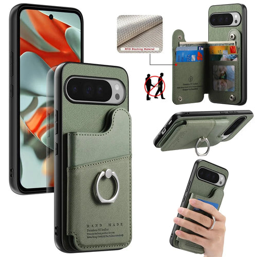 For Google Pixel 9 Pro XL / Google Pixel 10 Pro XL Case with Card Holder Kickstand Leather + TPU + PC Phone Cover - Green - 1