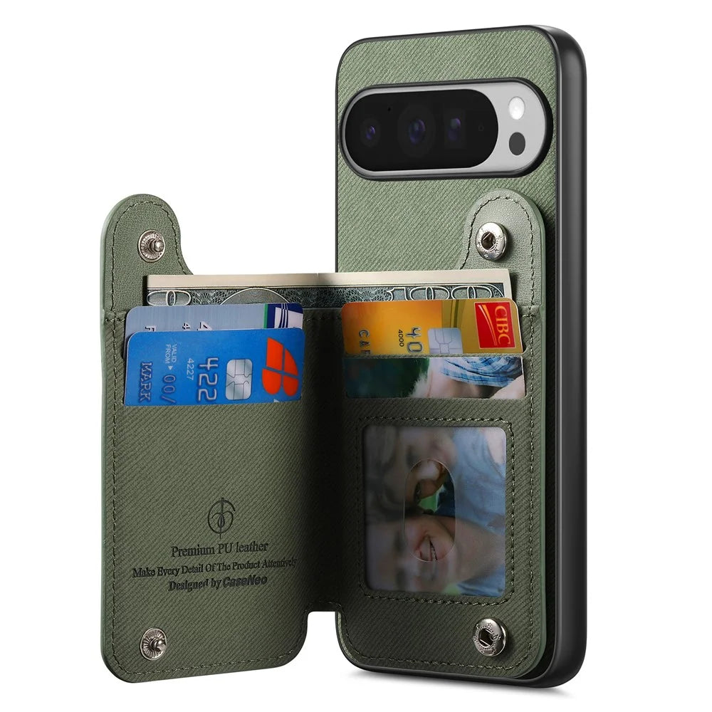 For Google Pixel 9 Pro XL / Google Pixel 10 Pro XL Case with Card Holder Kickstand Leather + TPU + PC Phone Cover - Green - 4