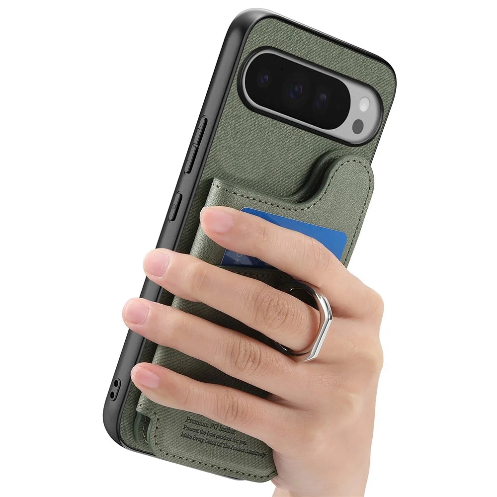 For Google Pixel 9 Pro XL / Google Pixel 10 Pro XL Case with Card Holder Kickstand Leather + TPU + PC Phone Cover - Green - 7