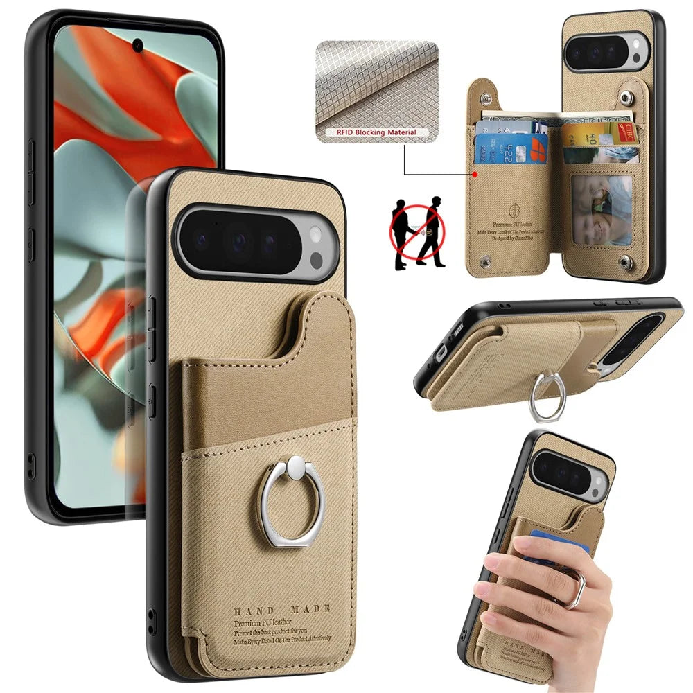 For Google Pixel 9 Pro / Google Pixel 9 / Google Pixel 10 / Google Pixel 10 Pro Case with Card Holder Kickstand Leather + TPU + PC Phone Cover - Khaki - 1