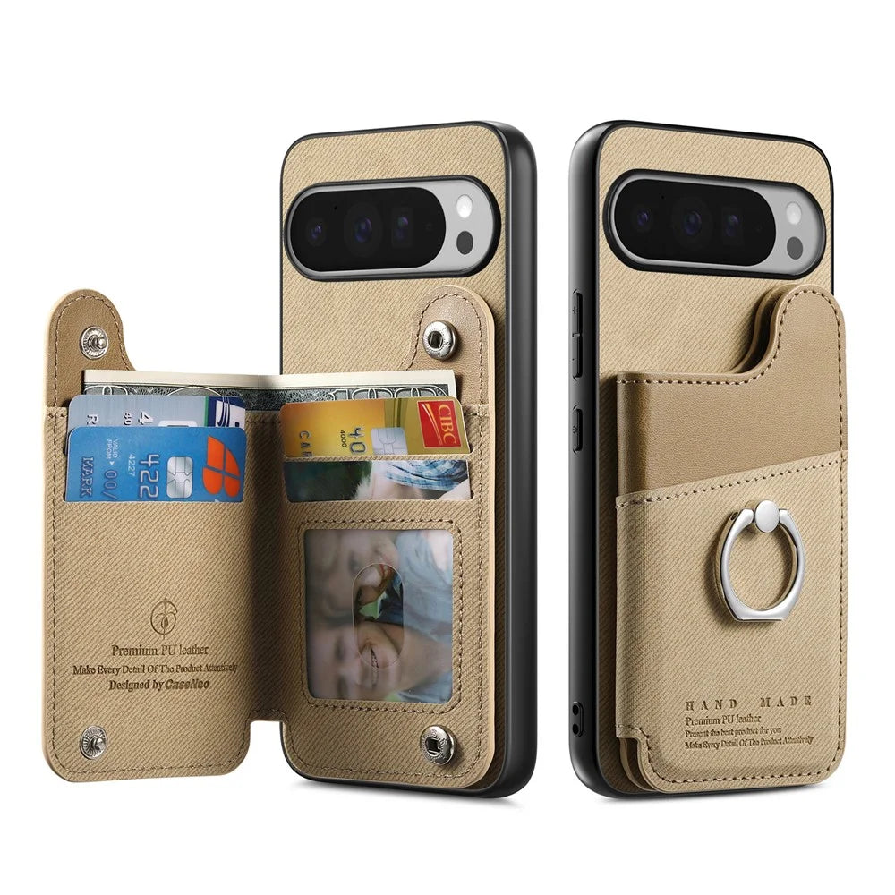 For Google Pixel 9 Pro / Google Pixel 9 / Google Pixel 10 / Google Pixel 10 Pro Case with Card Holder Kickstand Leather + TPU + PC Phone Cover - Khaki - 2