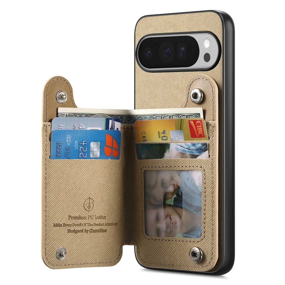 For Google Pixel 9 Pro / Google Pixel 9 / Google Pixel 10 / Google Pixel 10 Pro Case with Card Holder Kickstand Leather + TPU + PC Phone Cover - Khaki - 4