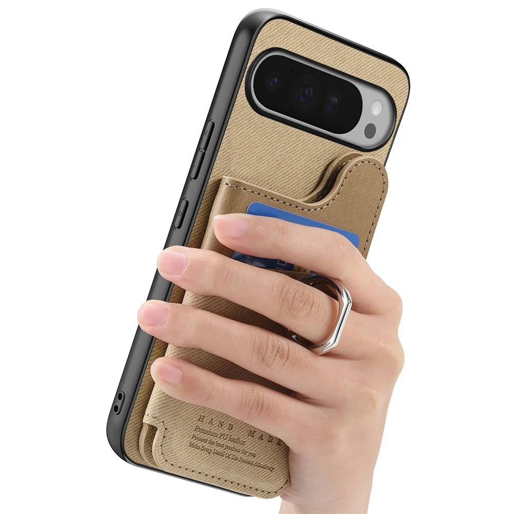 For Google Pixel 9 Pro / Google Pixel 9 / Google Pixel 10 / Google Pixel 10 Pro Case with Card Holder Kickstand Leather + TPU + PC Phone Cover - Khaki - 7