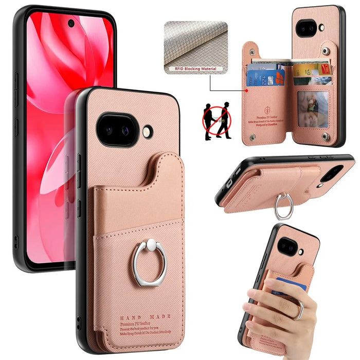 For Google Pixel 9a Case with Card Holder Kickstand Leather + TPU + PC Phone Cover - Pink - 1