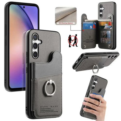 For Samsung Galaxy S25 Case with Card Holder Kickstand Leather + TPU + PC Phone Cover - Grey - 1
