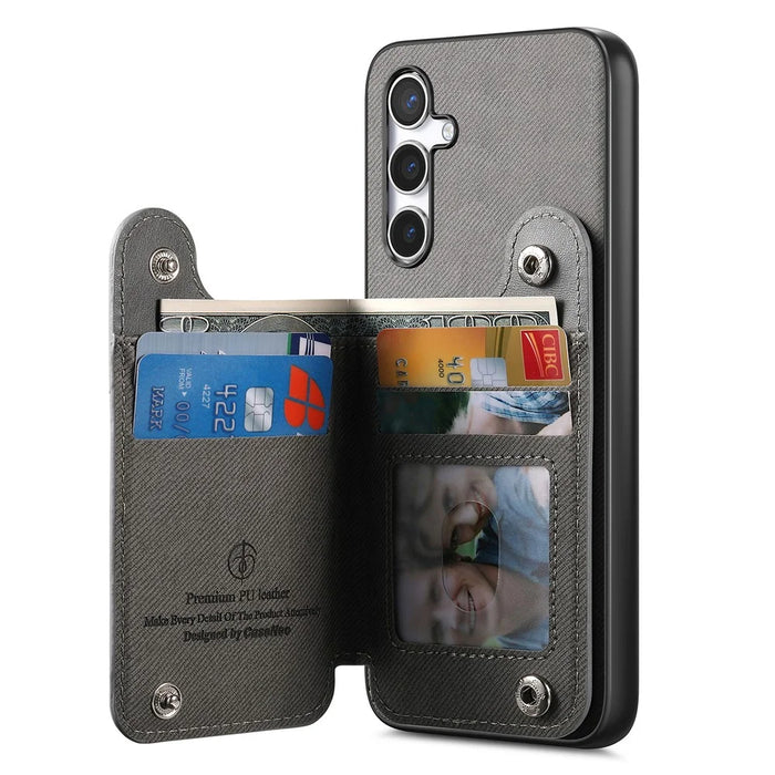 For Samsung Galaxy S25 Case with Card Holder Kickstand Leather + TPU + PC Phone Cover - Grey - 4