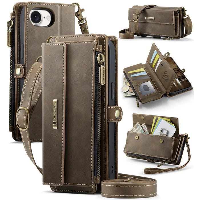CASEME For iPhone 17e / 16e Case  C39 RFID Blocking Zipper Wallet Stand Leather Cover with Strap - Brown - 1