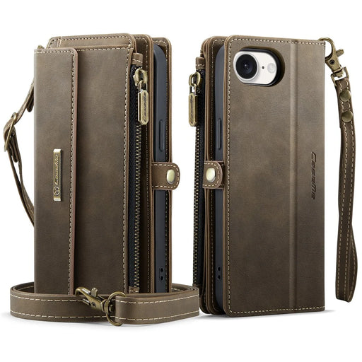 CASEME For iPhone 17e / 16e Case  C39 RFID Blocking Zipper Wallet Stand Leather Cover with Strap - Brown - 2