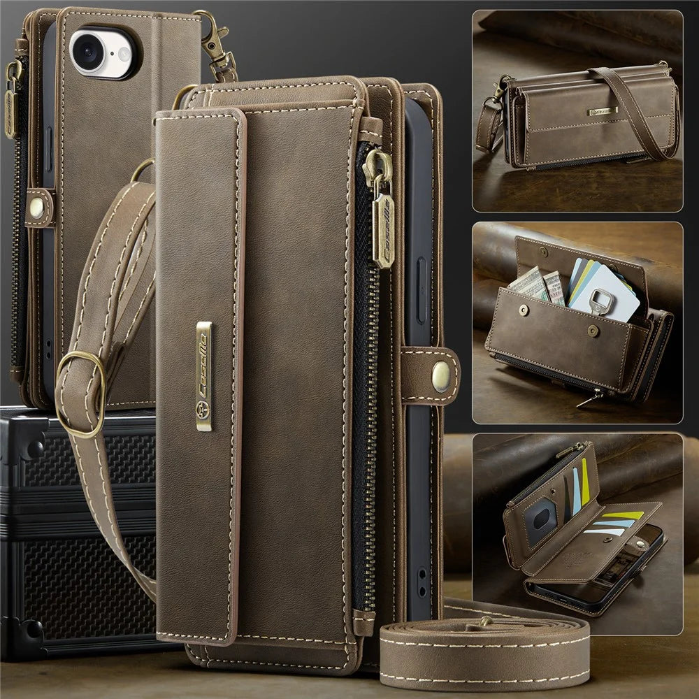 CASEME For iPhone 17e / 16e Case  C39 RFID Blocking Zipper Wallet Stand Leather Cover with Strap - Brown - 5