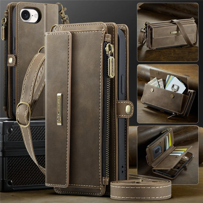 CASEME For iPhone 17e / 16e Case  C39 RFID Blocking Zipper Wallet Stand Leather Cover with Strap - Brown - 5