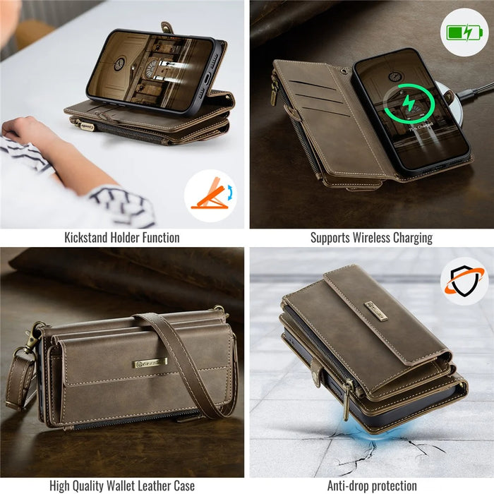 CASEME For iPhone 17e / 16e Case  C39 RFID Blocking Zipper Wallet Stand Leather Cover with Strap - Brown - 6