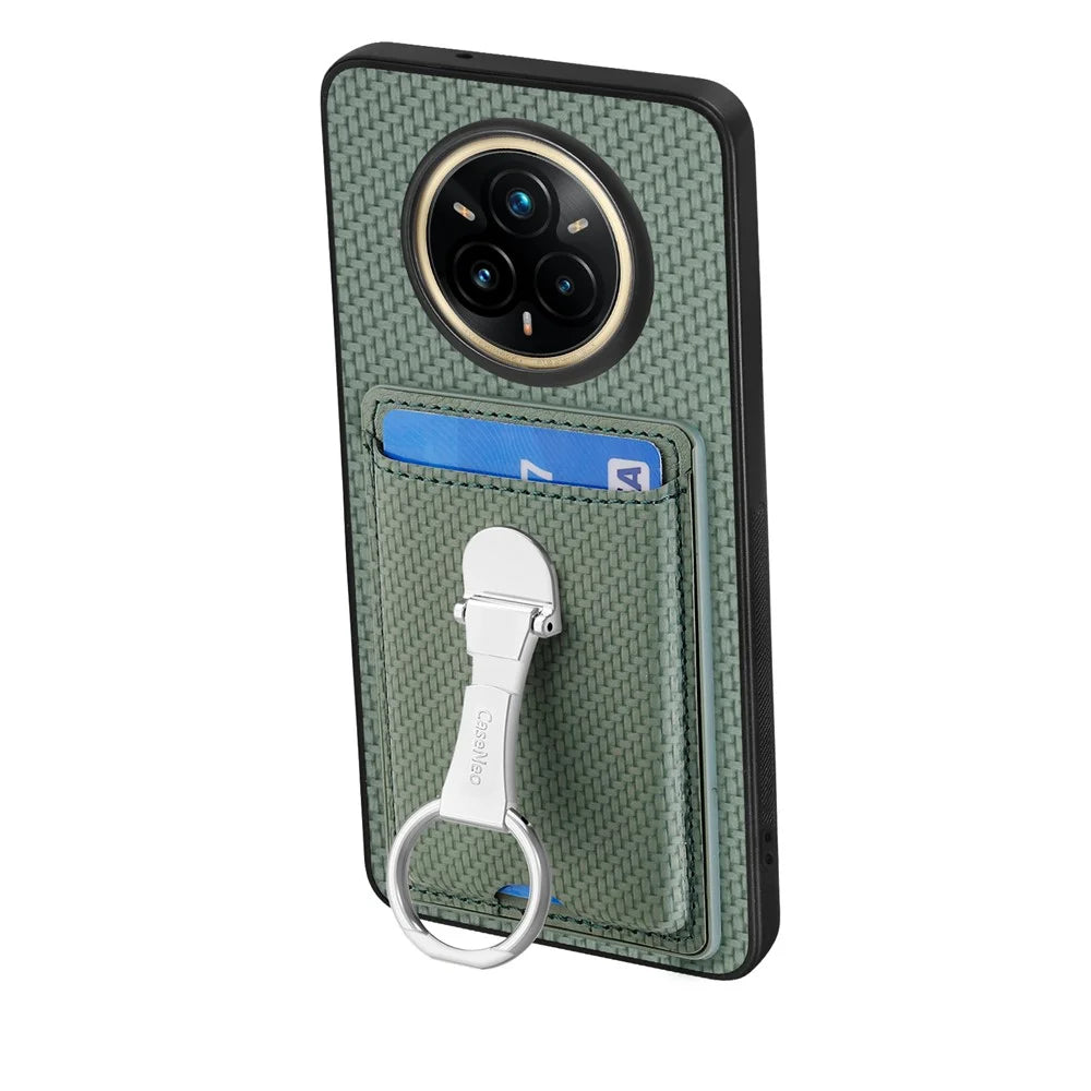 CASENEO For Realme 14 Pro 5G Leather Phone Back Cover with Kickstand and Card Slots Carbon Fiber Texture - Green - 2