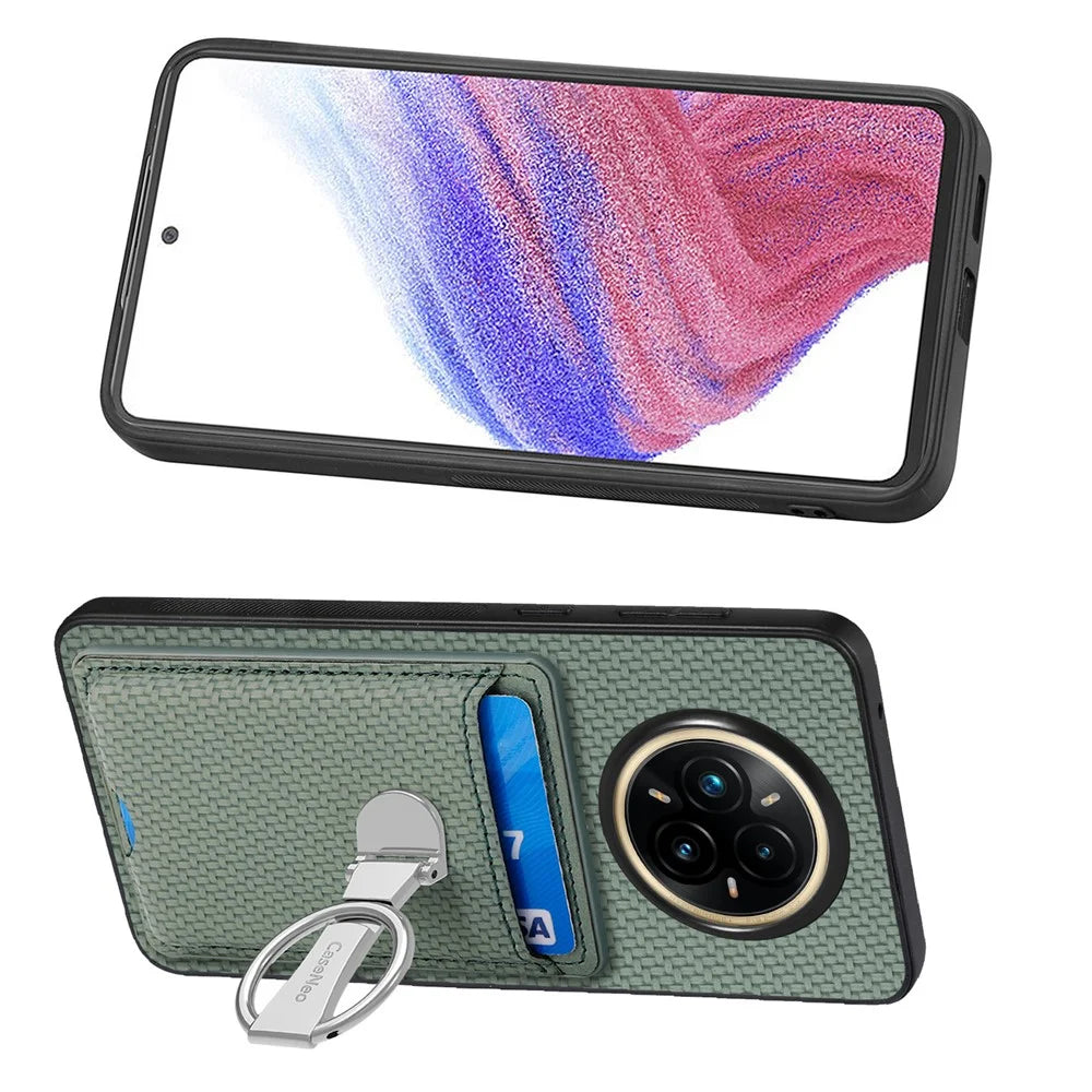 CASENEO For Realme 14 Pro 5G Leather Phone Back Cover with Kickstand and Card Slots Carbon Fiber Texture - Green - 4