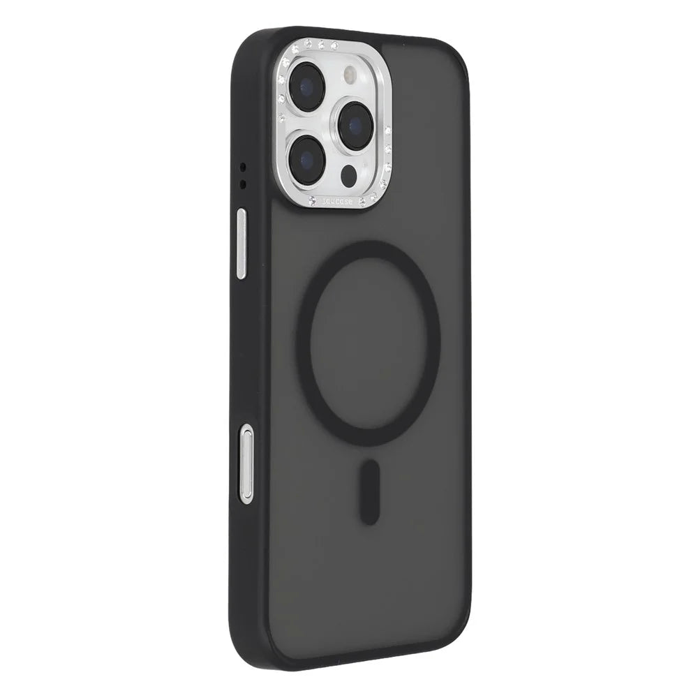 JAUCASE For iPhone 16 Pro Magnetic Case Rhinestone Decor Lens Frame TPU + PC Phone Back Cover - Black - 1