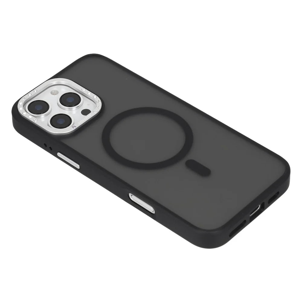 JAUCASE For iPhone 16 Pro Magnetic Case Rhinestone Decor Lens Frame TPU + PC Phone Back Cover - Black - 6