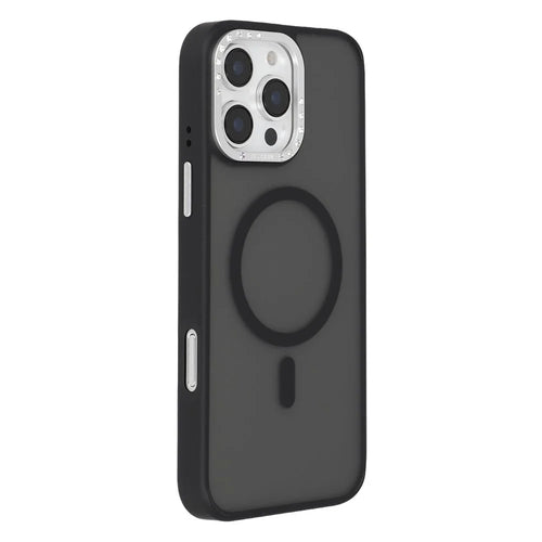 JAUCASE For iPhone 16 Pro Max Magnetic Case Rhinestone Decor Lens Frame TPU + PC Phone Back Cover - Black - 1