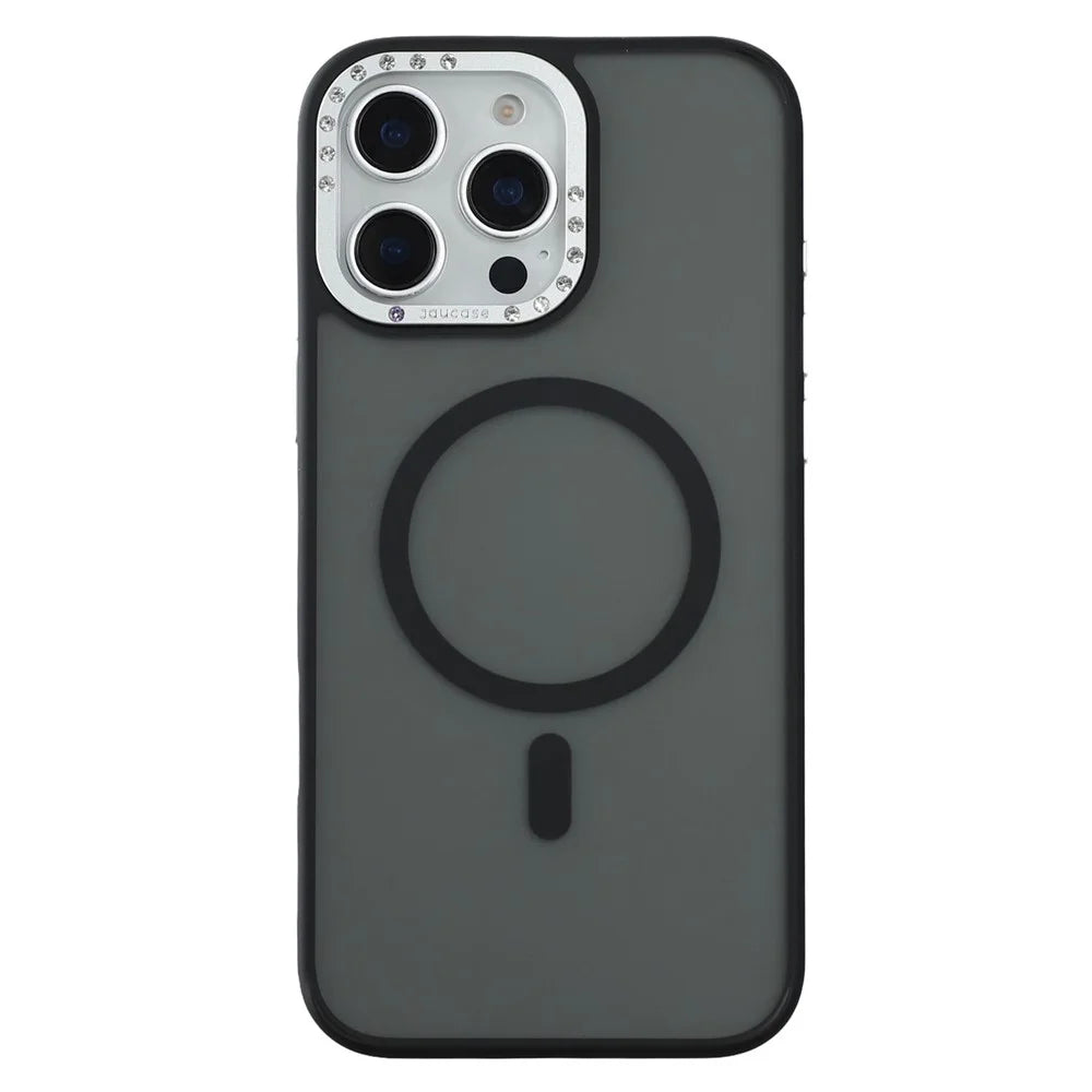 JAUCASE For iPhone 16 Pro Max Magnetic Case Rhinestone Decor Lens Frame TPU + PC Phone Back Cover - Black - 3