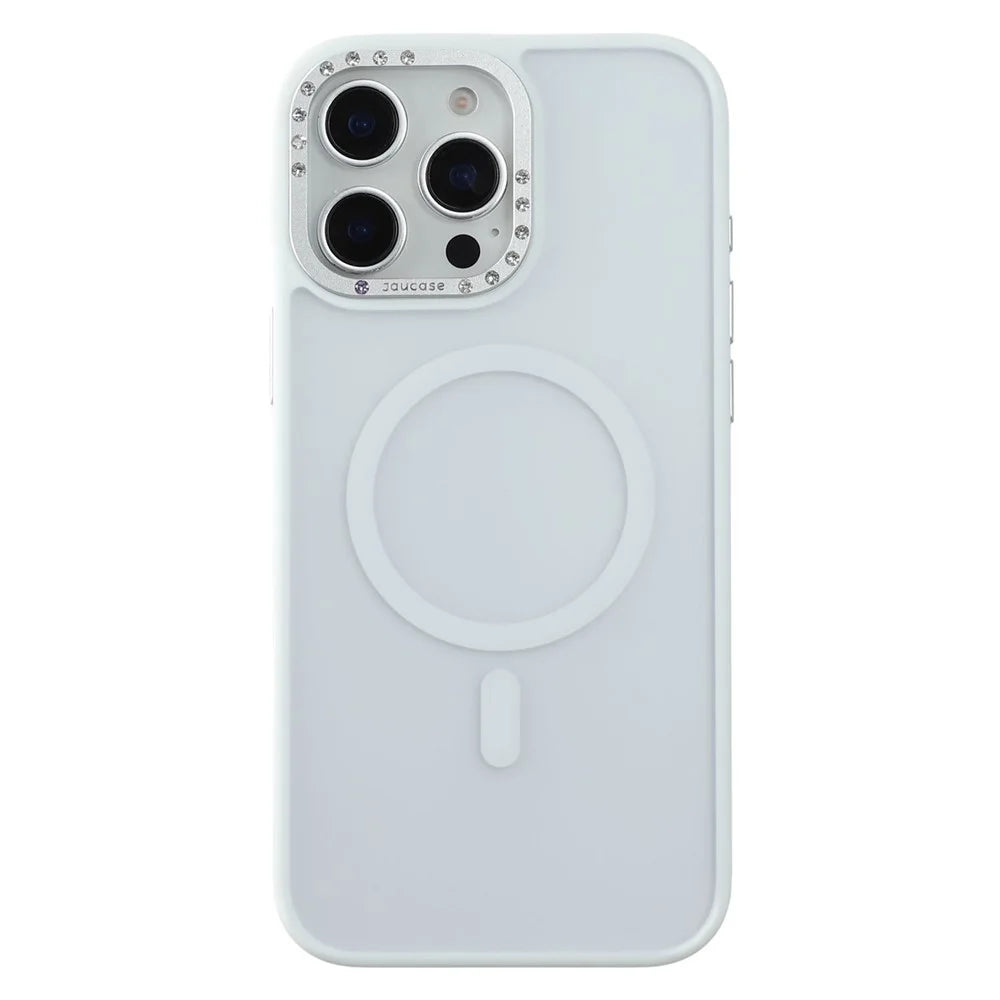 JAUCASE For iPhone 15 Pro Magnetic Case Rhinestone Decor Lens Frame TPU + PC Phone Back Cover - White - 1