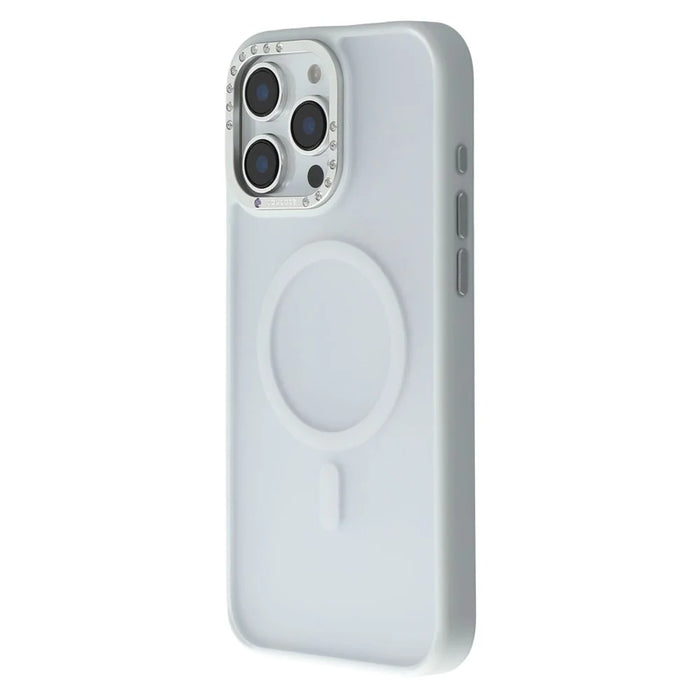 JAUCASE For iPhone 15 Pro Magnetic Case Rhinestone Decor Lens Frame TPU + PC Phone Back Cover - White - 3
