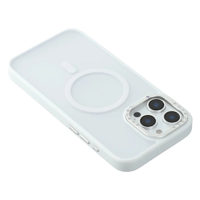 JAUCASE For iPhone 15 Pro Magnetic Case Rhinestone Decor Lens Frame TPU + PC Phone Back Cover - White - 4