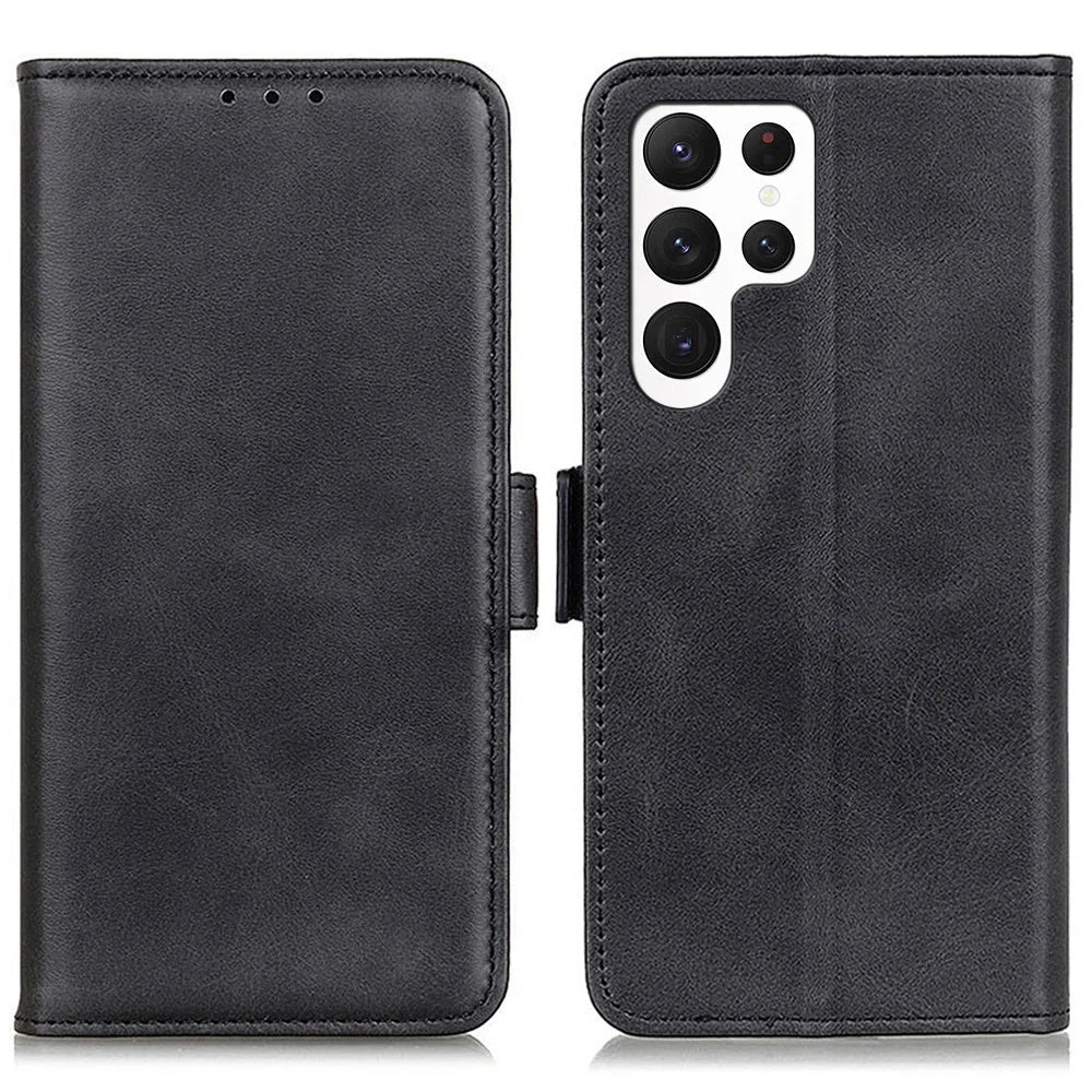 Cowhide Texture PU Leather Case for Samsung Galaxy S23 Ultra, Foldable Stand Dual Magnetic Clasp Phone Wallet Cover - Black - 1