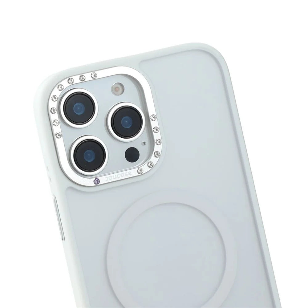 JAUCASE For iPhone 14 Pro Max Magnetic Case Rhinestone Decor Lens Frame TPU + PC Phone Back Cover - White - 5