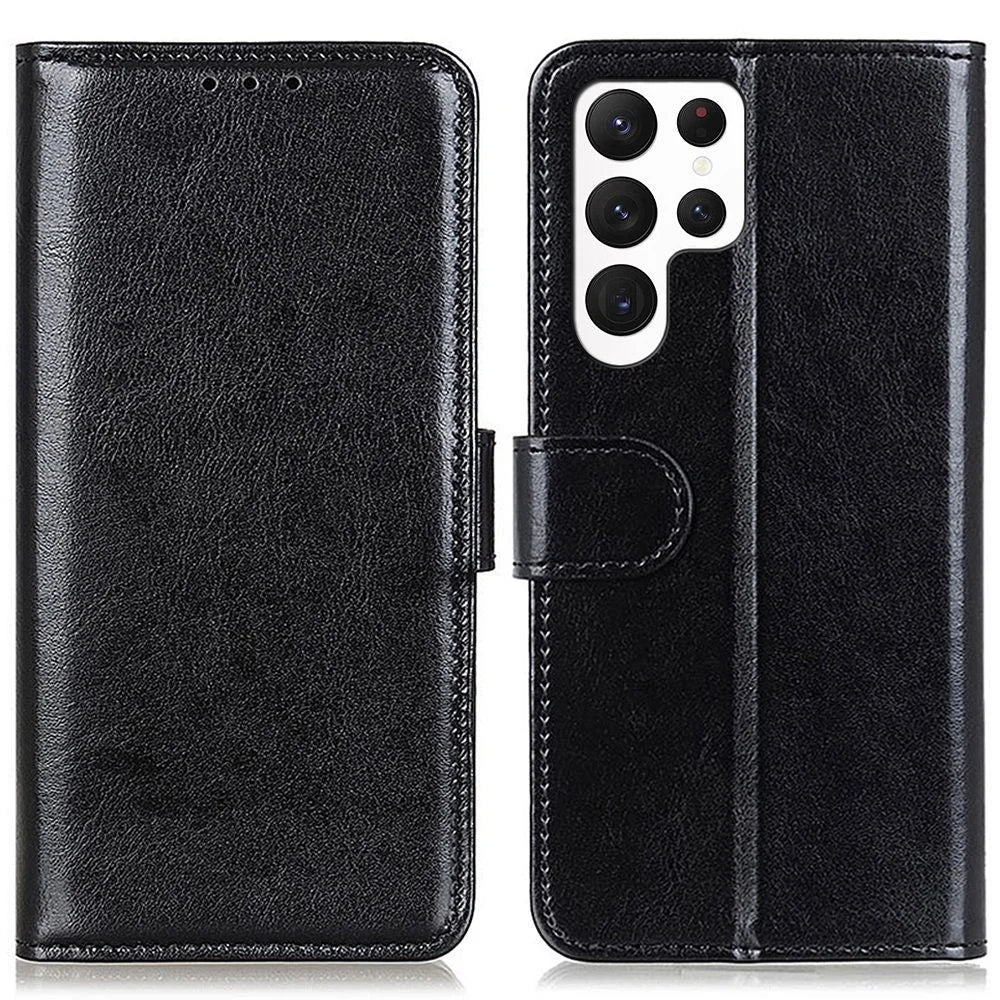 For Samsung Galaxy S23 Ultra Phone Stand Case Crazy Horse Texture PU Leather Full Protection Wallet Cover - Black - 1
