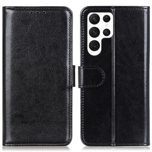 For Samsung Galaxy S23 Ultra Phone Stand Case Crazy Horse Texture PU Leather Full Protection Wallet Cover - Black - 1