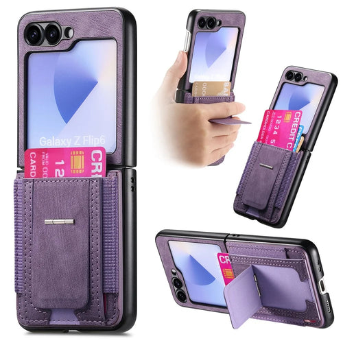 For Samsung Galaxy Z Flip7 FE 5G / Z Flip6 5G Case Kickstand Retro Leather Back Cover with Card Holder - Purple - 1