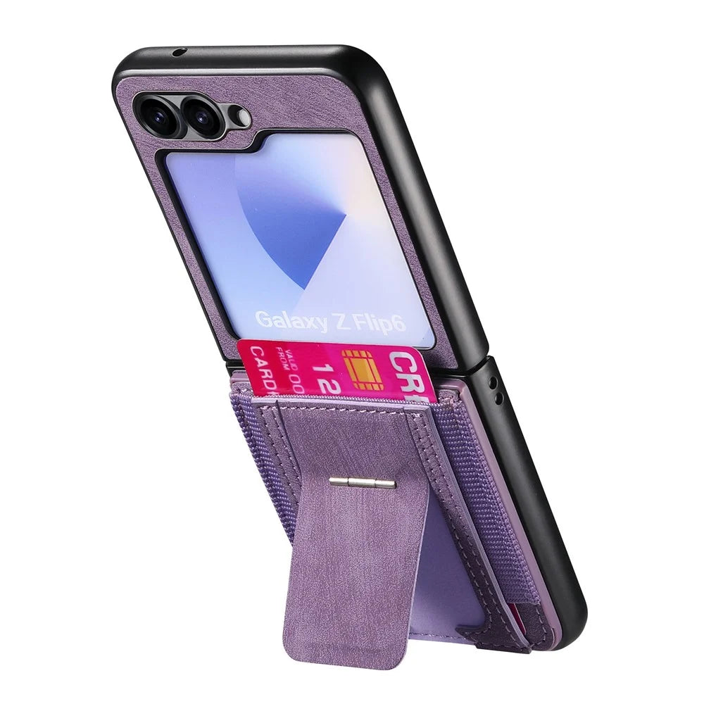 For Samsung Galaxy Z Flip7 FE 5G / Z Flip6 5G Case Kickstand Retro Leather Back Cover with Card Holder - Purple - 2