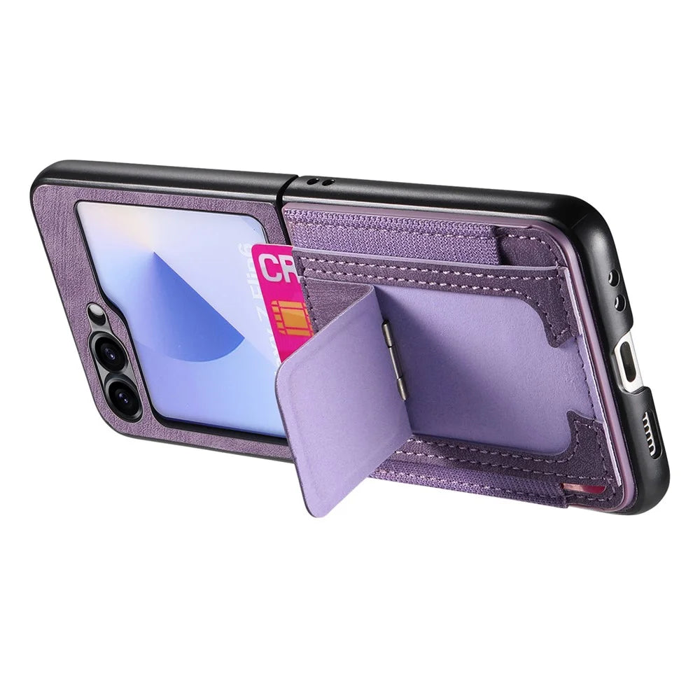 For Samsung Galaxy Z Flip7 FE 5G / Z Flip6 5G Case Kickstand Retro Leather Back Cover with Card Holder - Purple - 3