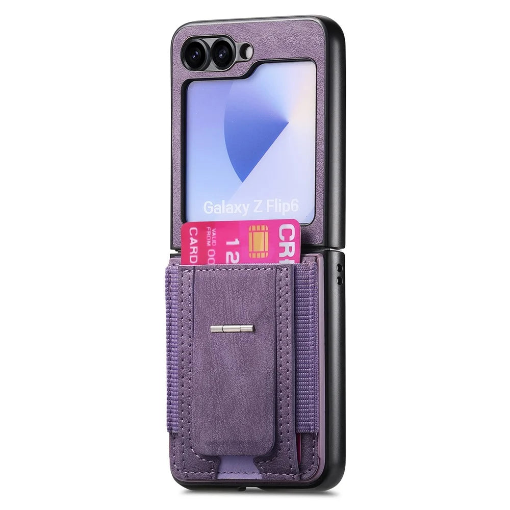 For Samsung Galaxy Z Flip7 FE 5G / Z Flip6 5G Case Kickstand Retro Leather Back Cover with Card Holder - Purple - 4