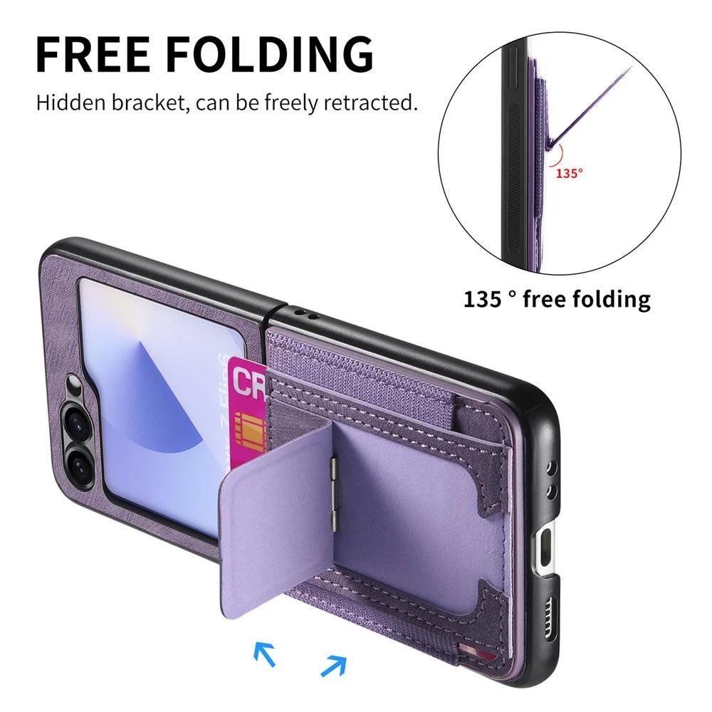 For Samsung Galaxy Z Flip7 FE 5G / Z Flip6 5G Case Kickstand Retro Leather Back Cover with Card Holder - Purple - 5
