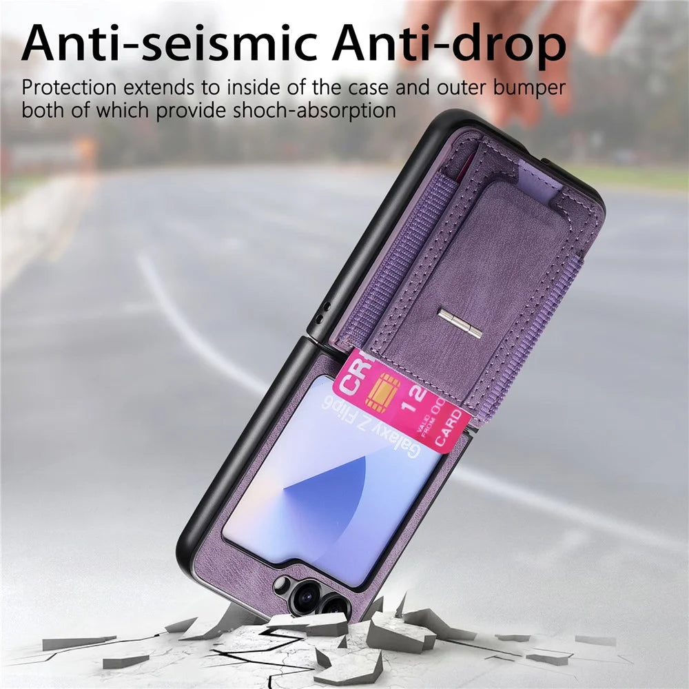 For Samsung Galaxy Z Flip7 FE 5G / Z Flip6 5G Case Kickstand Retro Leather Back Cover with Card Holder - Purple - 6