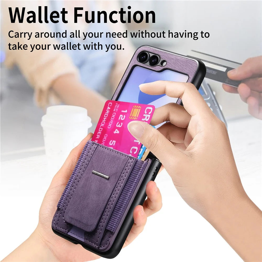 For Samsung Galaxy Z Flip7 FE 5G / Z Flip6 5G Case Kickstand Retro Leather Back Cover with Card Holder - Purple - 7