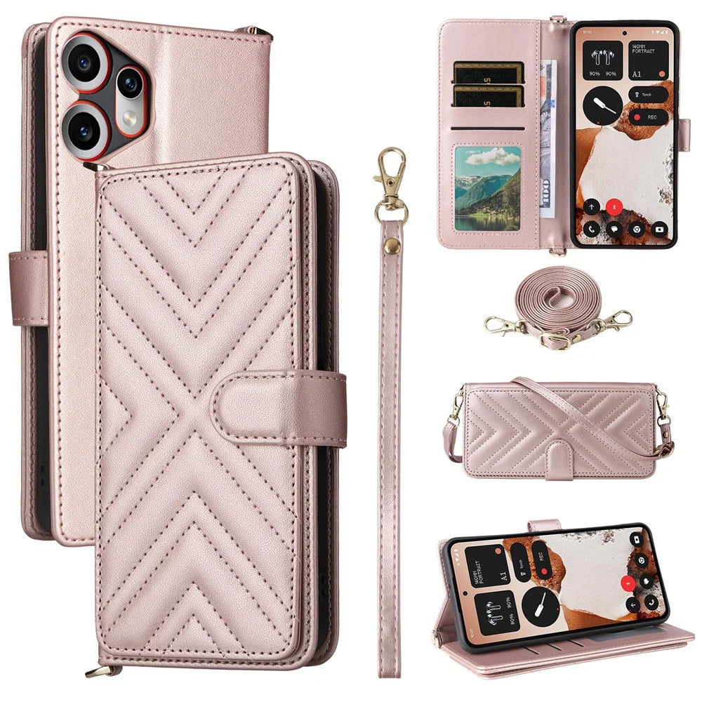 For Nothing CMF Phone 2 Pro Case with Shoulder / Wrist Strap Leather Phone Cover Stand Wallet - Pink - 1