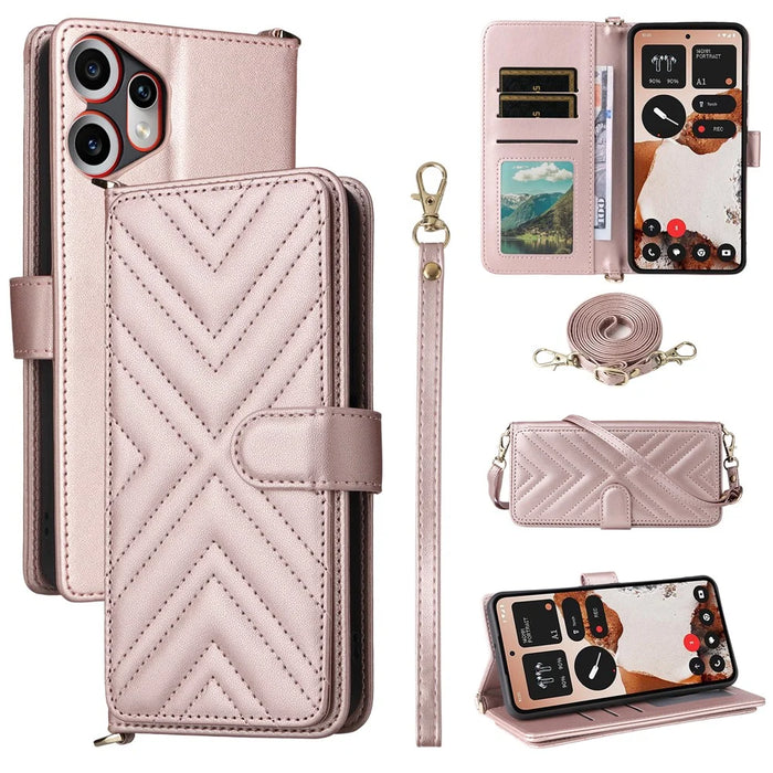 For Nothing CMF Phone 2 Pro Case with Shoulder / Wrist Strap Leather Phone Cover Stand Wallet - Pink - 1