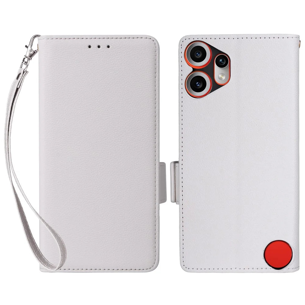 For Nothing CMF Phone 2 Pro Case with Wrist Strap Litchi Texture PU Leather Wallet Phone Cover - White - 1