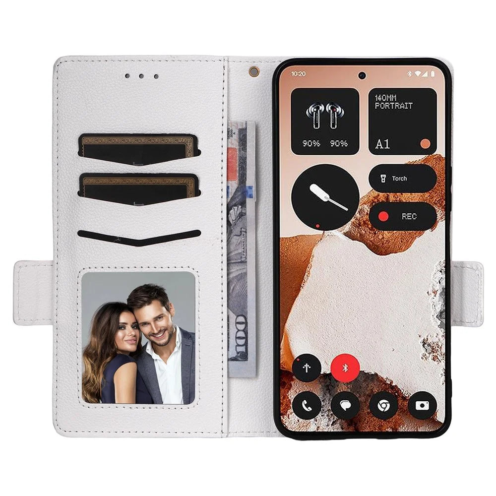 For Nothing CMF Phone 2 Pro Case with Wrist Strap Litchi Texture PU Leather Wallet Phone Cover - White - 2