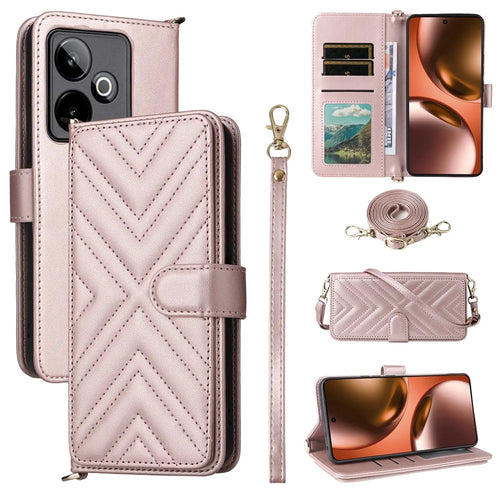 For Realme GT 7 5G Case with Shoulder / Wrist Strap Leather Phone Cover Stand Wallet - Pink - 1