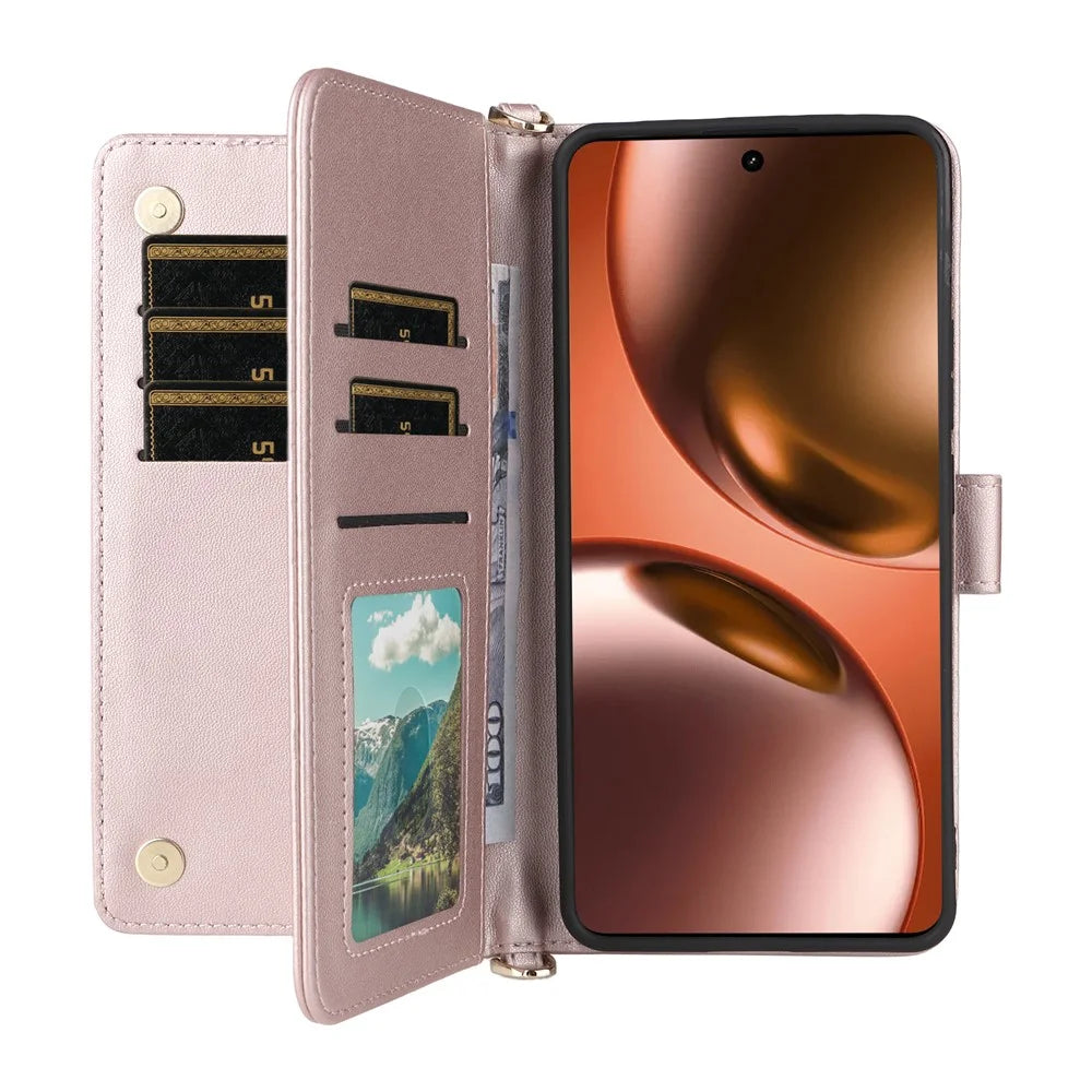 For Realme GT 7 5G Case with Shoulder / Wrist Strap Leather Phone Cover Stand Wallet - Pink - 2