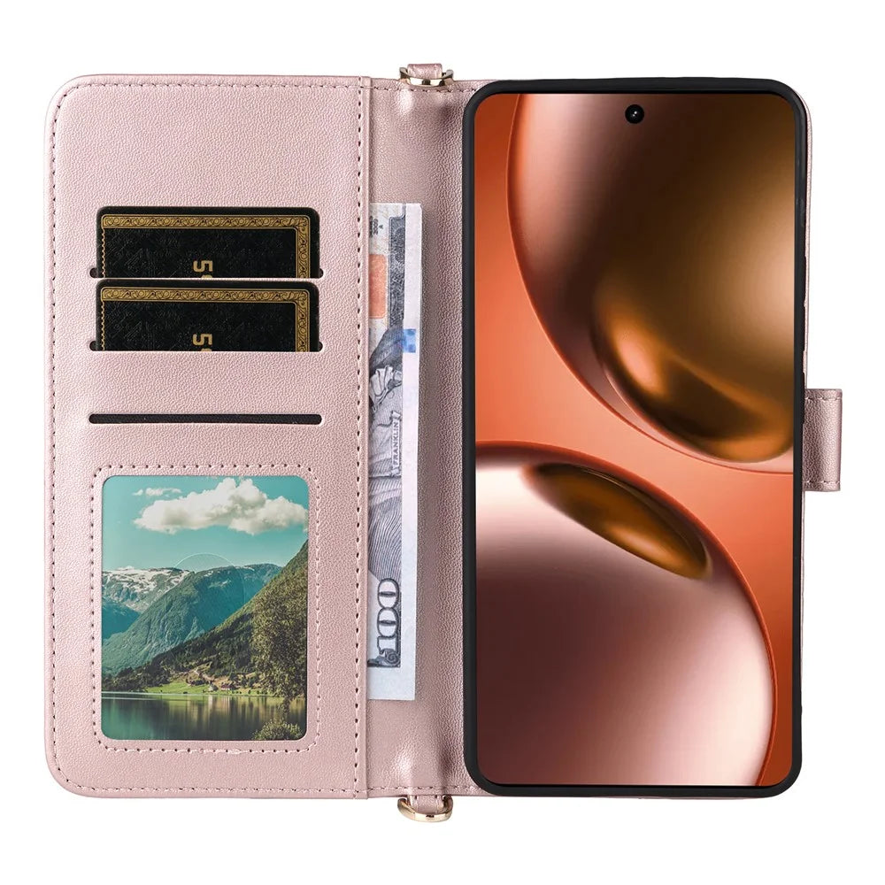 For Realme GT 7 5G Case with Shoulder / Wrist Strap Leather Phone Cover Stand Wallet - Pink - 4