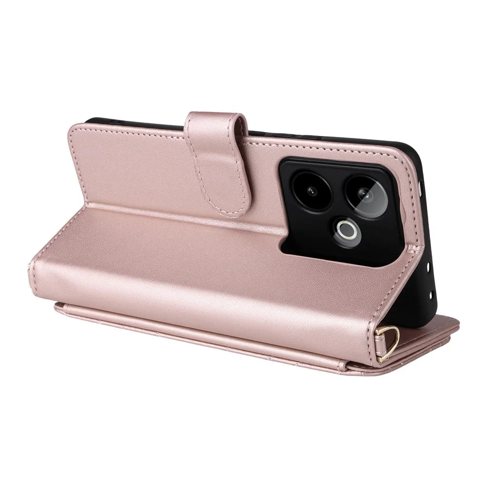 For Realme GT 7 5G Case with Shoulder / Wrist Strap Leather Phone Cover Stand Wallet - Pink - 6