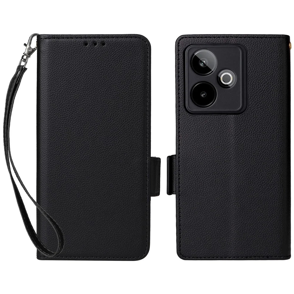 For Realme GT 7 5G Case with Wrist Strap Litchi Texture PU Leather Wallet Phone Cover - Black - 1