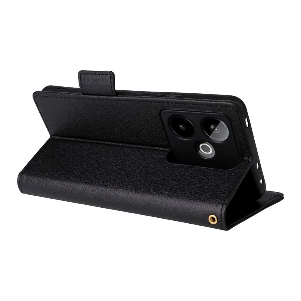 For Realme GT 7 5G Case with Wrist Strap Litchi Texture PU Leather Wallet Phone Cover - Black - 3